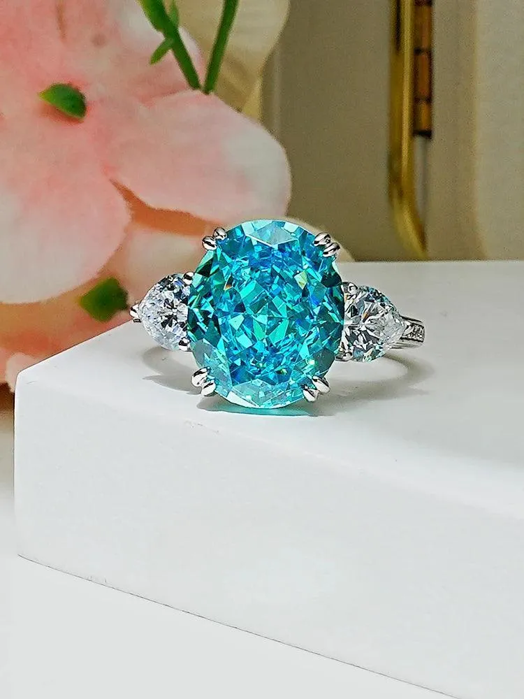 Fashionable and Luxury Sea Blue Treasure Egg Ring Set with AAAAA High Carbon Diamonds, Versatile Party Jewellery