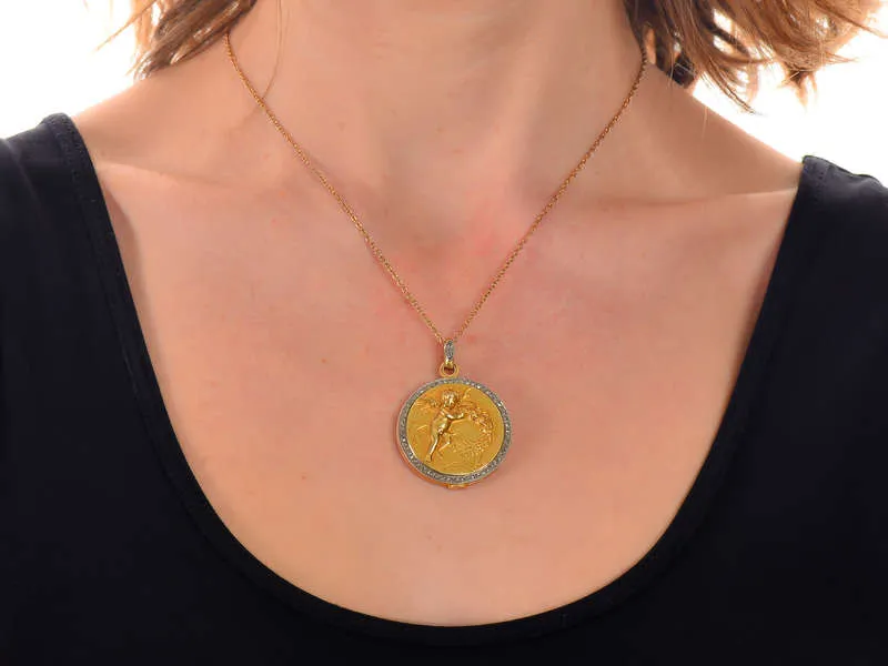 French 18k Gold Diamond Cherub Locket of 1913