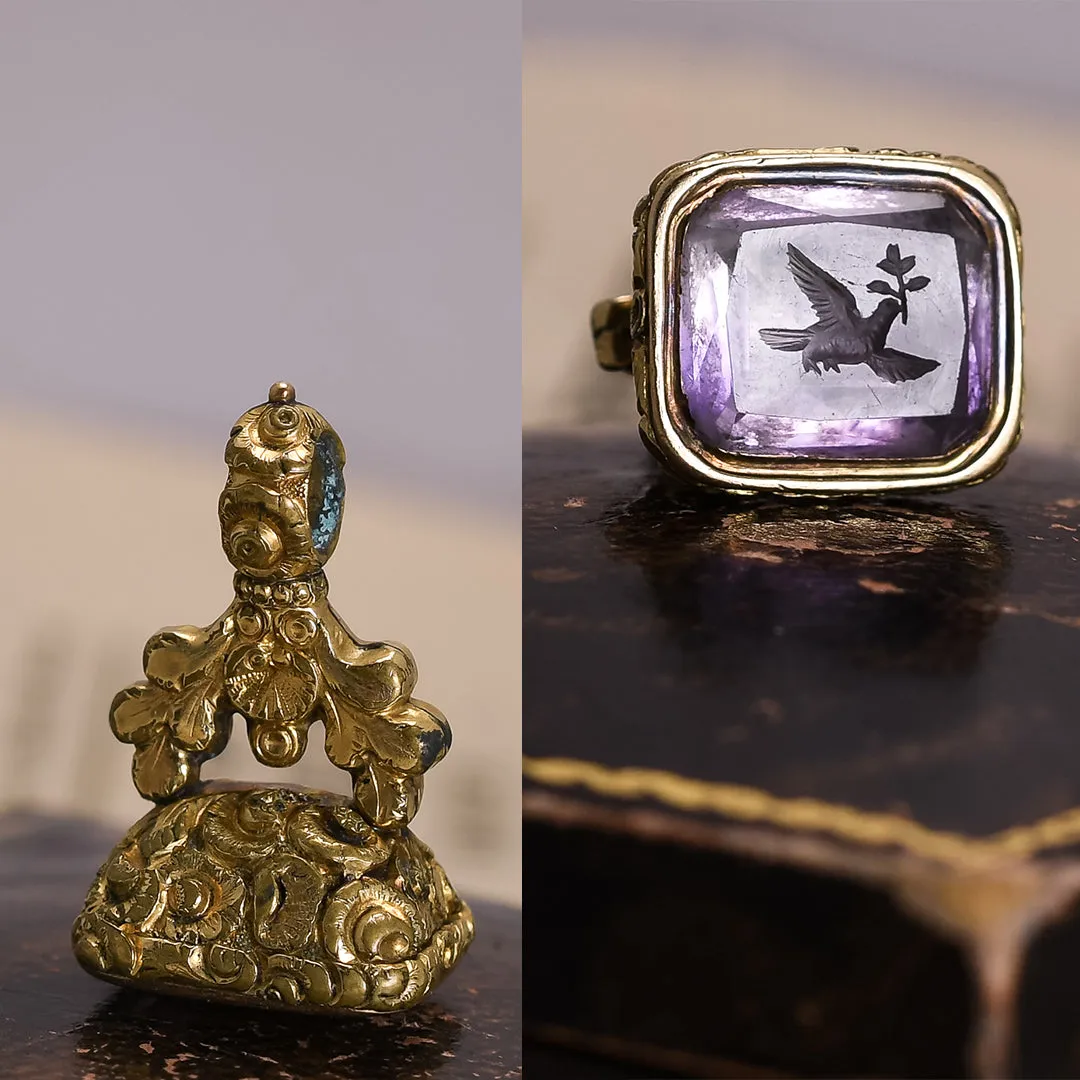Georgian Amethyst "Dove Of Peace" Intaglio Seal Fob Pendant