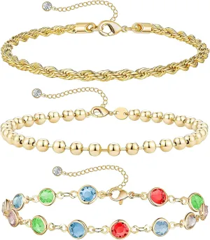 Gold Ankle Bracelet Sets for Women 14K Gold Cuban Link Figaro Paperclip Snake Anklet Bracelets Waterproof Stackable Layered Anklets Bracelet Rhinestone Adjustable Beach Anklet Set Gifts for Her (C-colored stones)