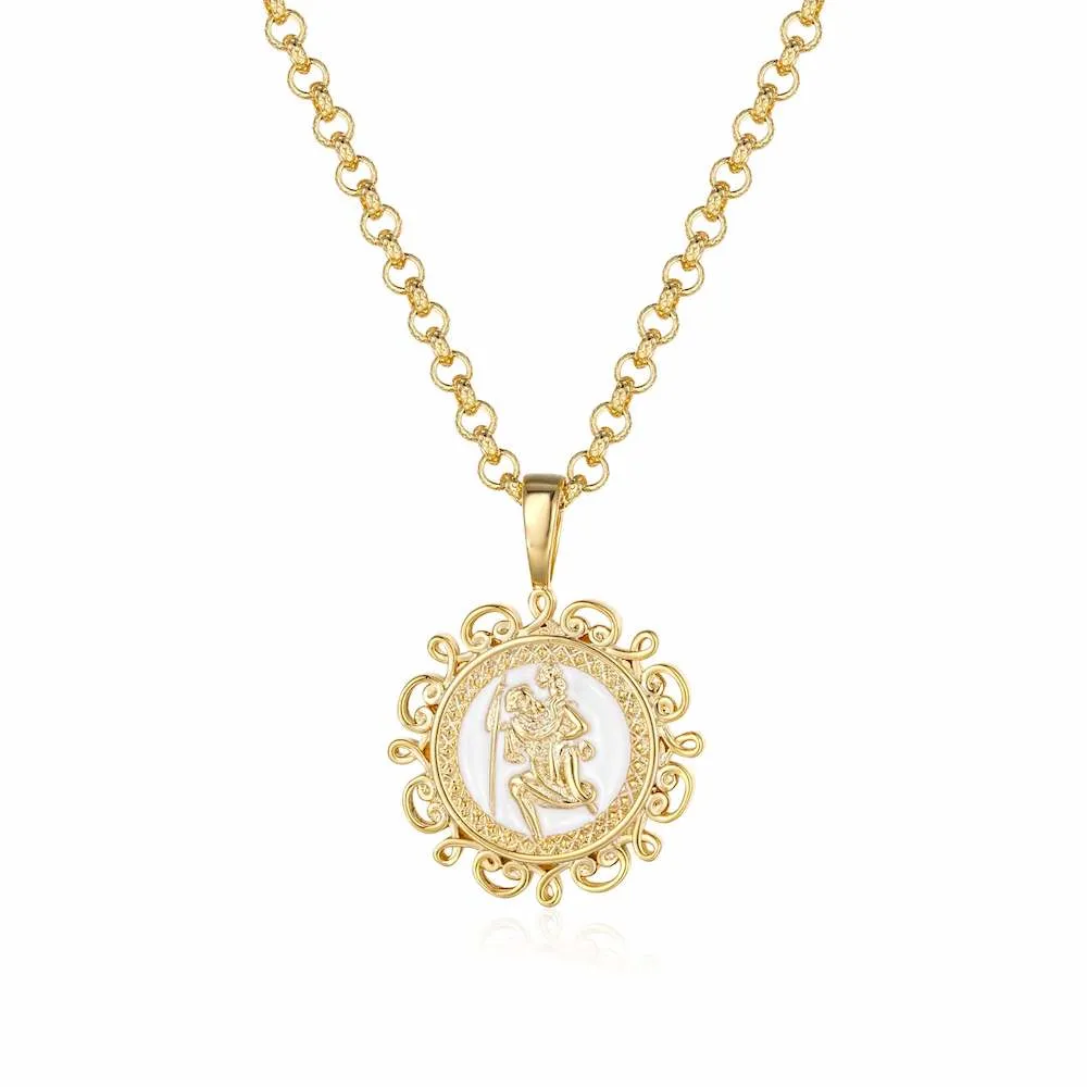 Gold Ornate St Christopher Pendant 22 Inch 4mm Belcher Chain