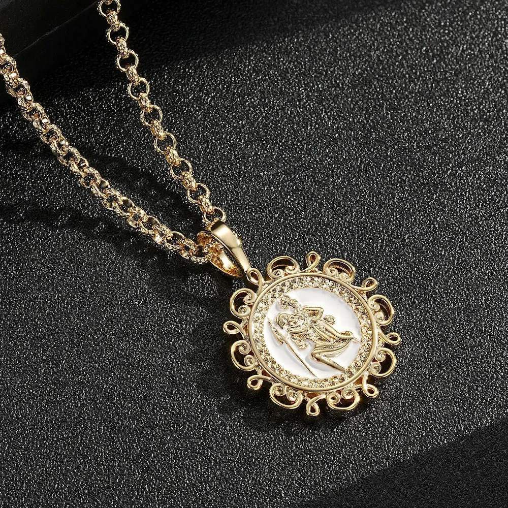 Gold Ornate St Christopher Pendant 22 Inch 4mm Belcher Chain