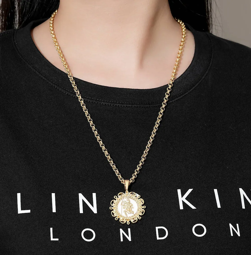 Gold Ornate St Christopher Pendant 22 Inch 4mm Belcher Chain