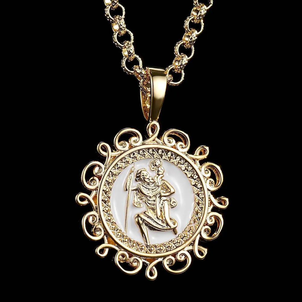Gold Ornate St Christopher Pendant 22 Inch 4mm Belcher Chain