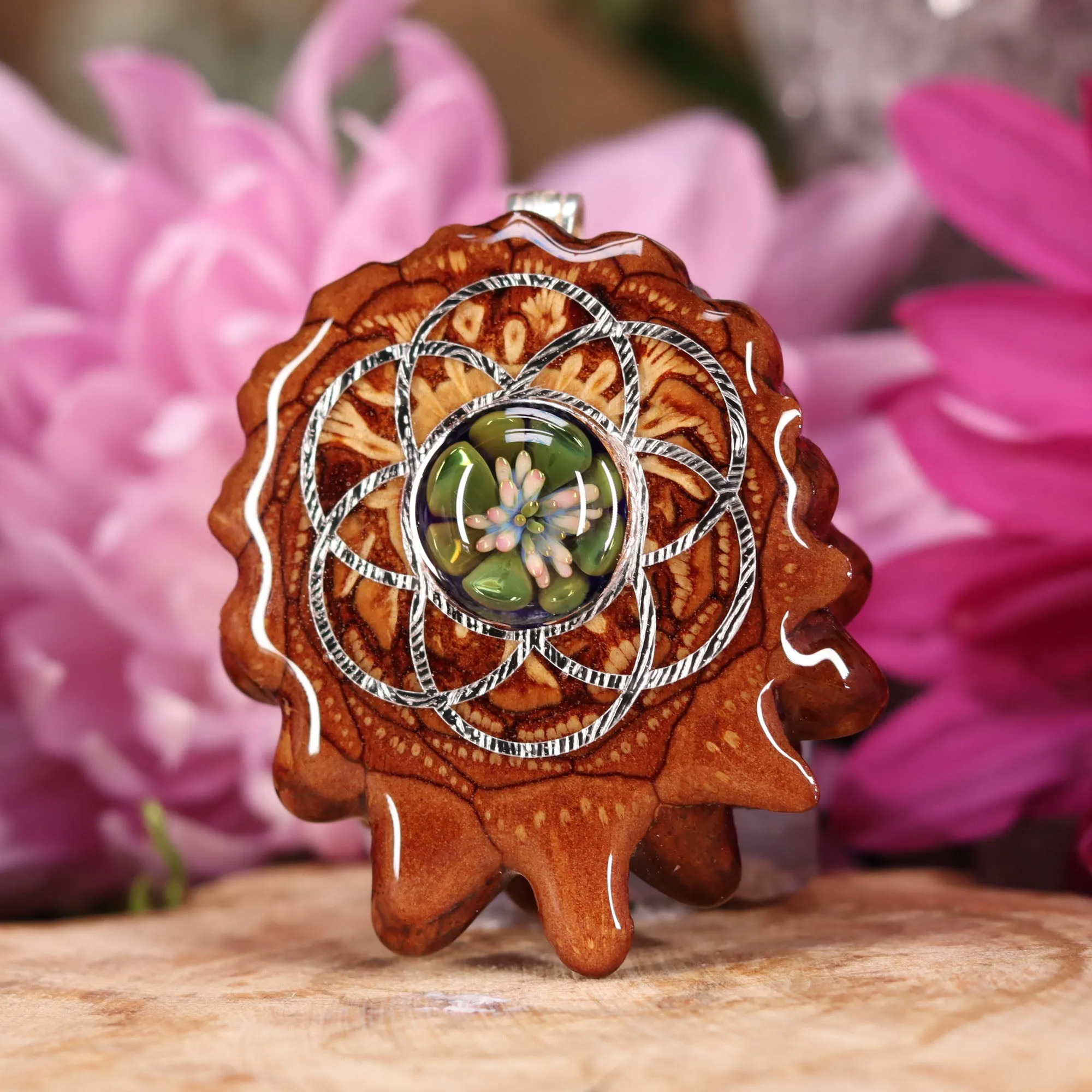 Green Phoenix Orchid Glass with Silver Seed of Life