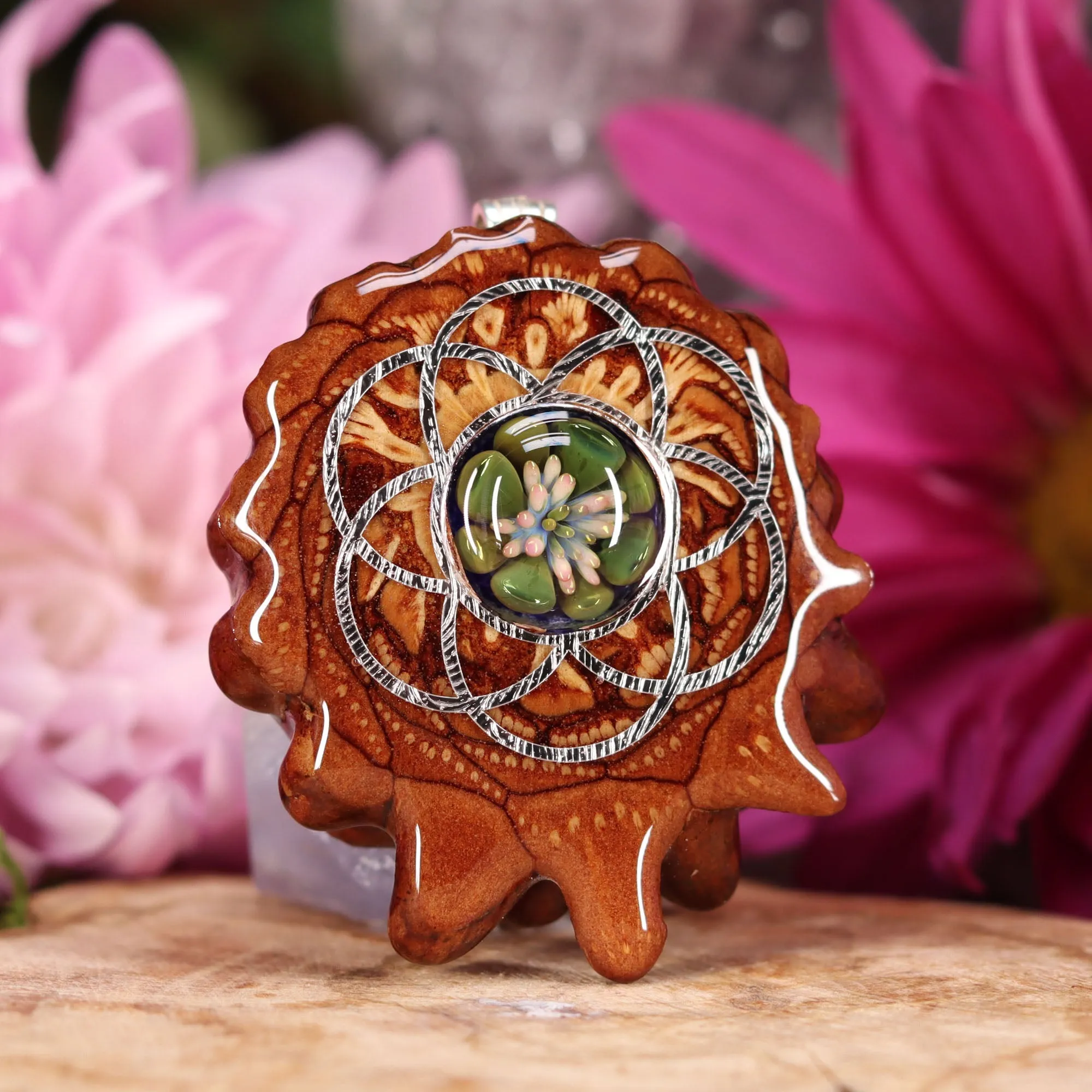 Green Phoenix Orchid Glass with Silver Seed of Life