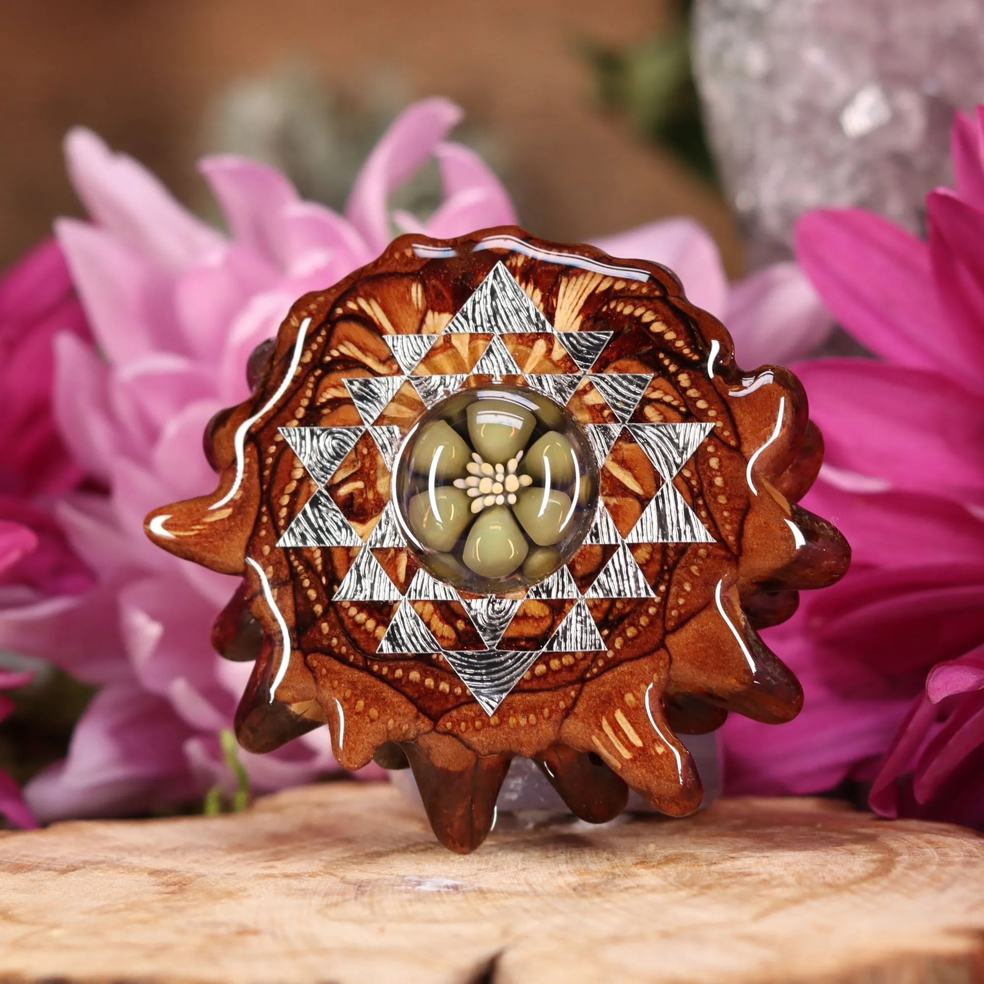 Green Phoenix Orchid Glass with Silver Sri Yantra