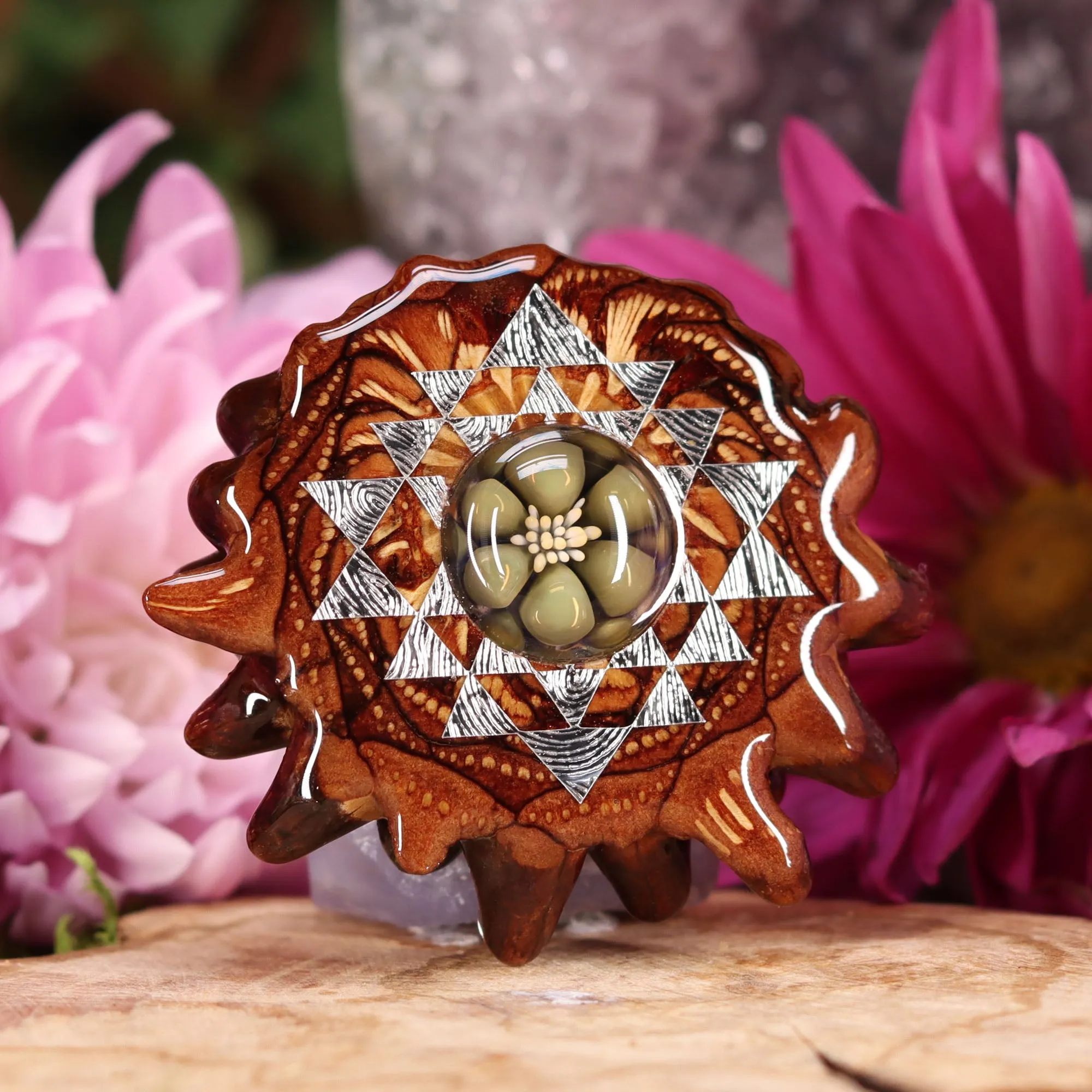 Green Phoenix Orchid Glass with Silver Sri Yantra