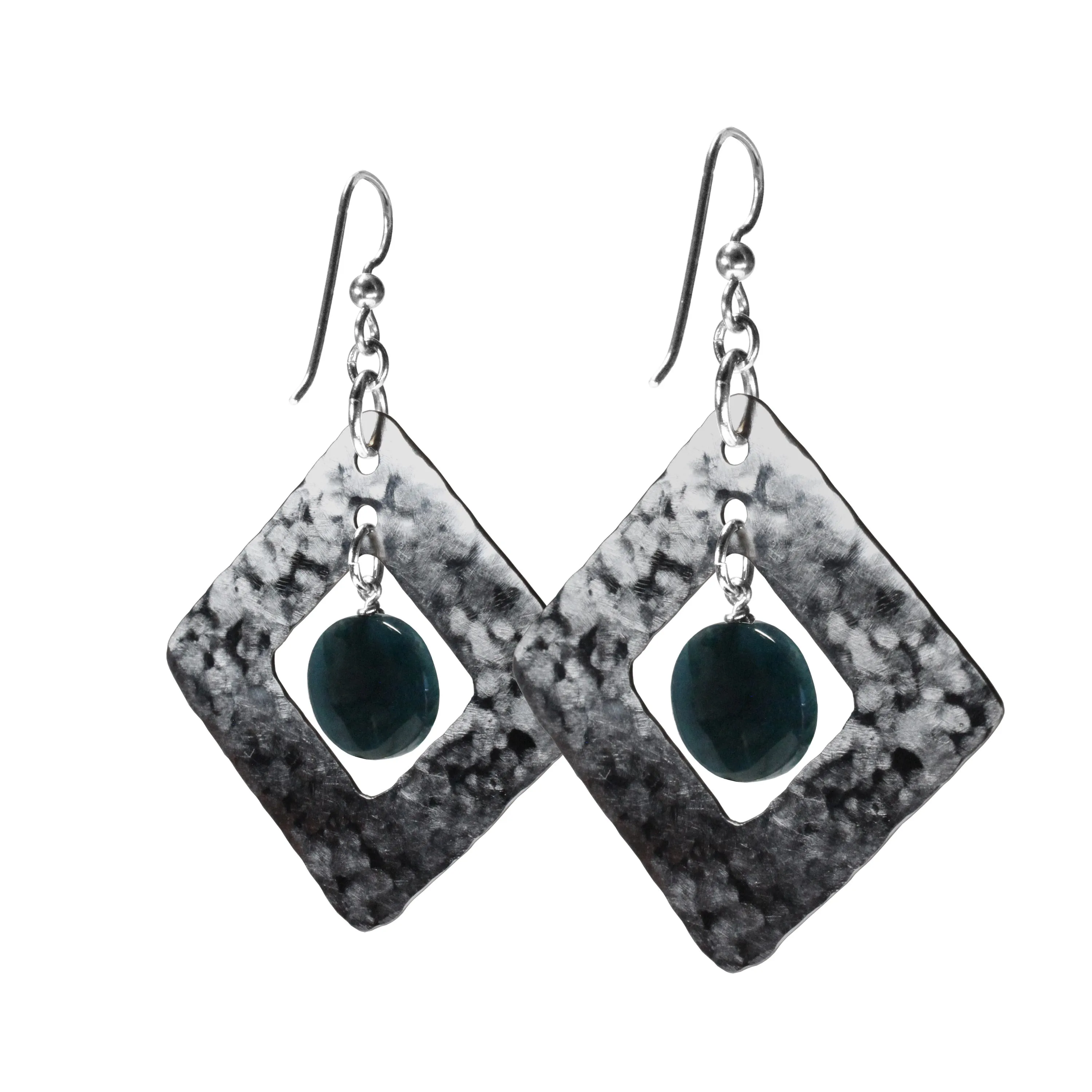 Hammered Steel Earrings with blue apatite / 65mm length / handmade geometric diamond-shaped / hypo-allergenic niobium earwires