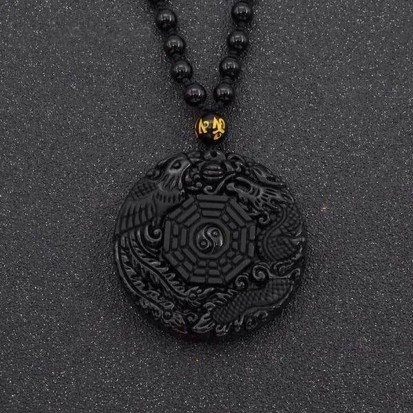 Hand Carved Dragon Phoenix Obsidian Necklace
