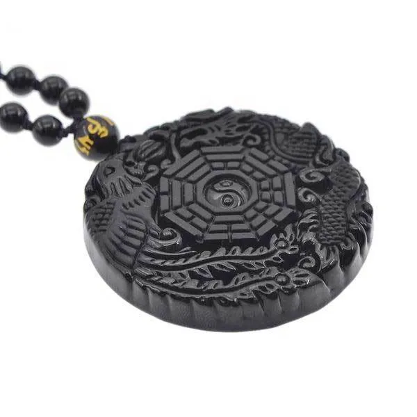 Hand Carved Dragon Phoenix Obsidian Necklace