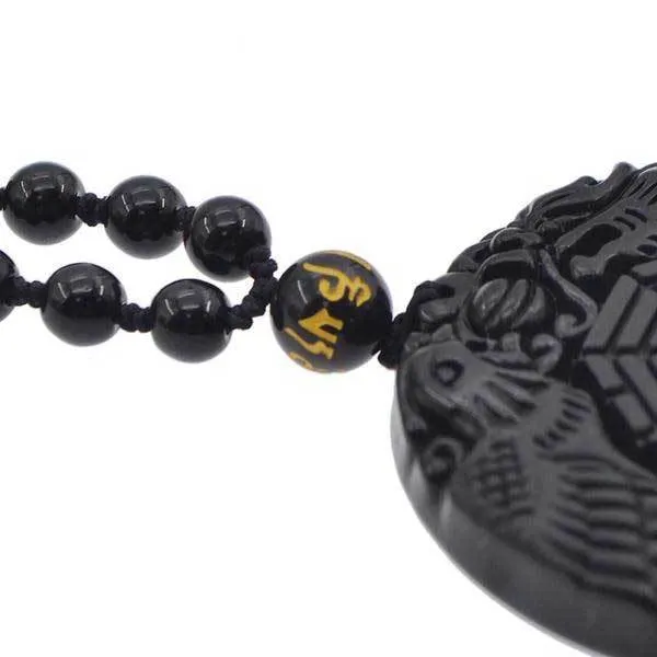 Hand Carved Dragon Phoenix Obsidian Necklace