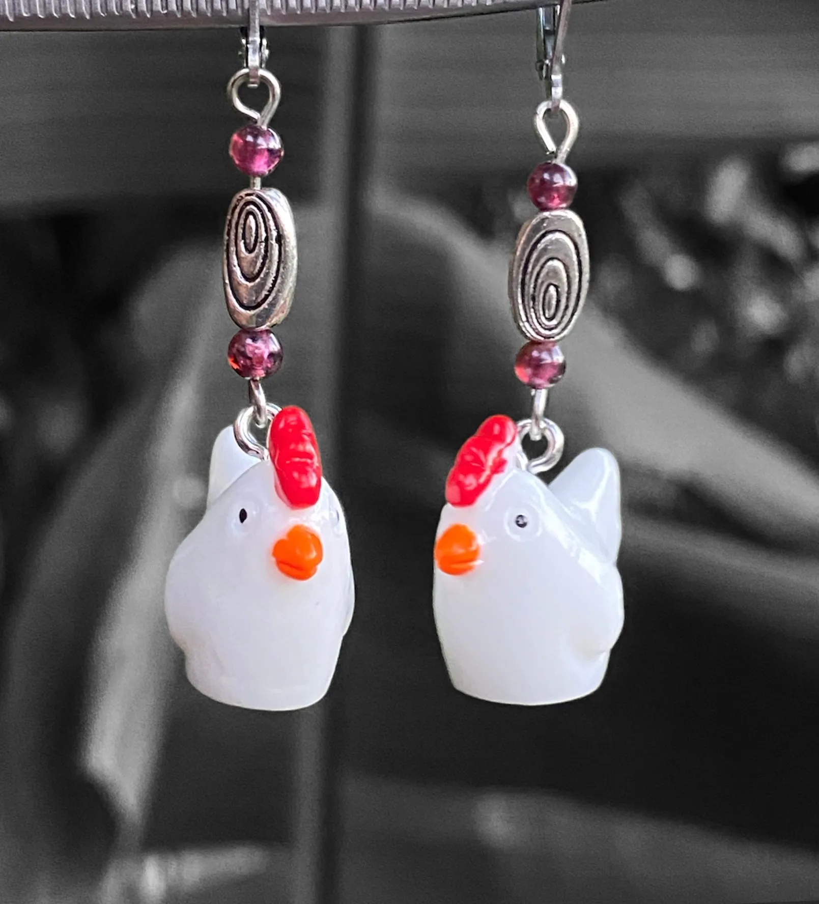 Handcrafted Chicken & Gemstone Earrings
