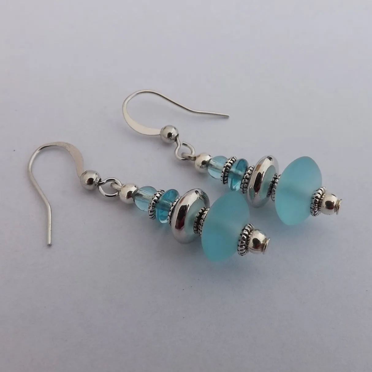 Handmade Frosted Blue & Silver Tone Handmade Bead Earrings