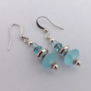 Handmade Frosted Blue & Silver Tone Handmade Bead Earrings
