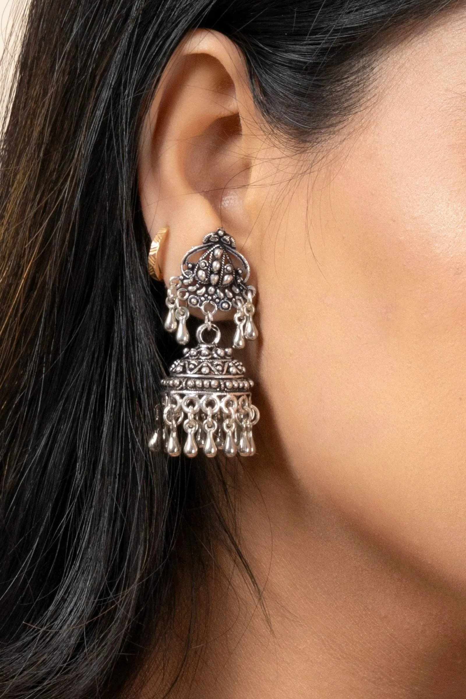 Handmade German Silver Designer Stud Jhumkas with Oxidized Finish Earrings for Daily Wear and Parties