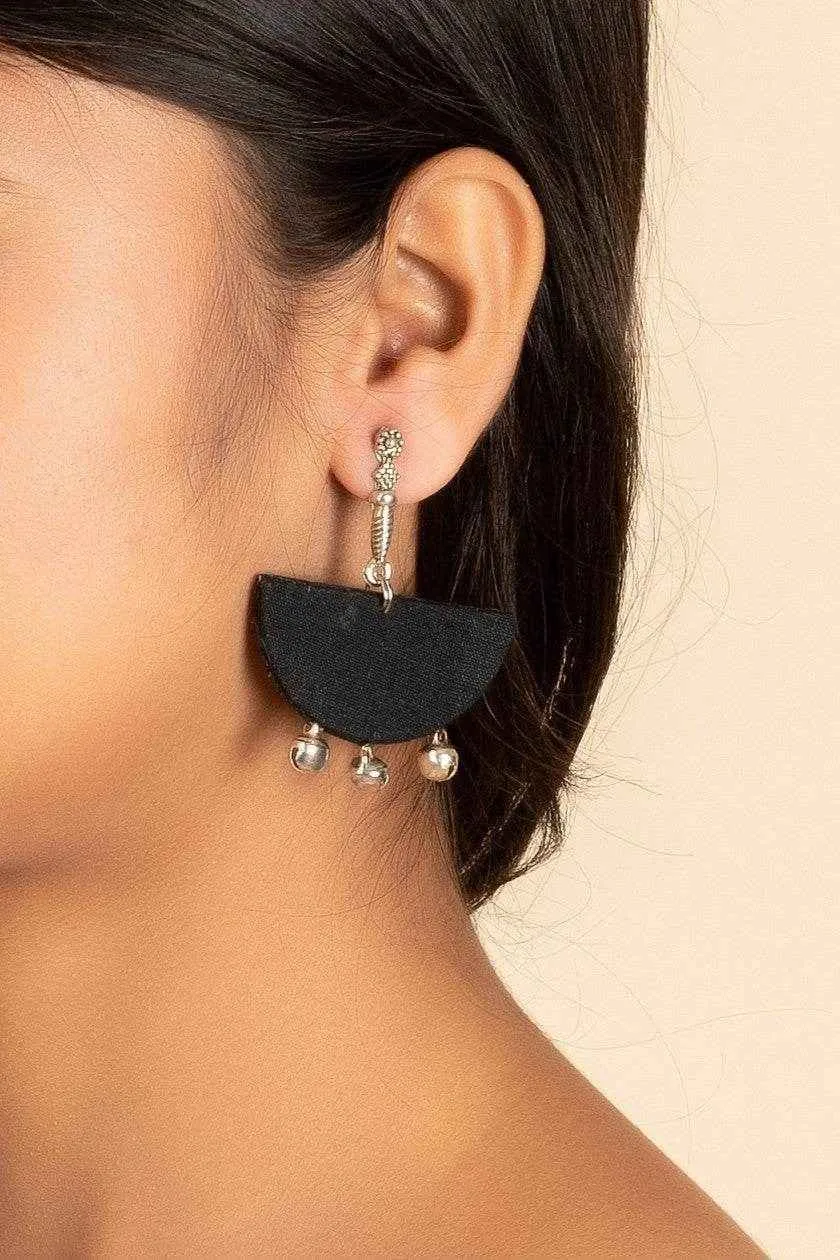 Handmade German Silver Long Stud with Black Fabric Ghungroo Earrings, Non-Allergic Design