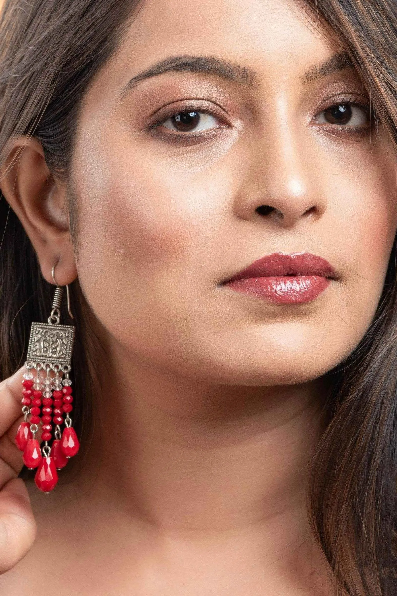 Handmade Oxidised Silver Red Crystal Drop Earrings in Elegant Square Charm Design for All Occasions