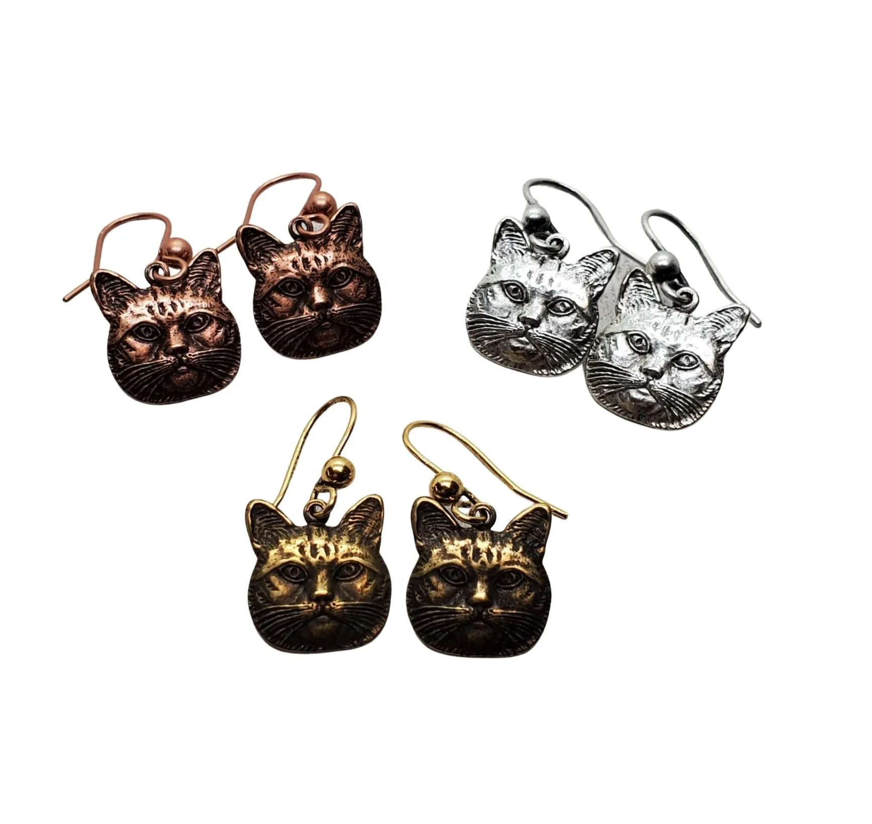Handmade Oxidized Brass Cat Head Earrings