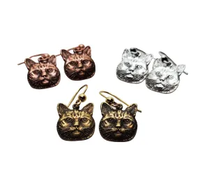 Handmade Oxidized Brass Cat Head Earrings