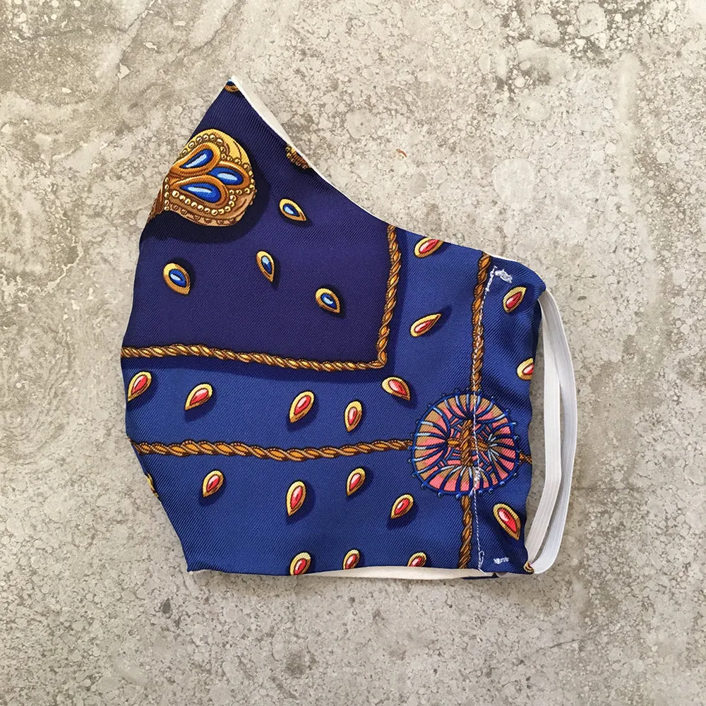 Hermes Handmade Blue Tresors Retrouves Silk Scarf Face Mask