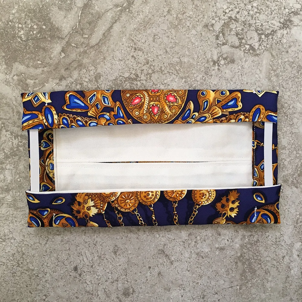 Hermes Handmade Blue Tresors Retrouves Silk Scarf Surgical Style Face Mask