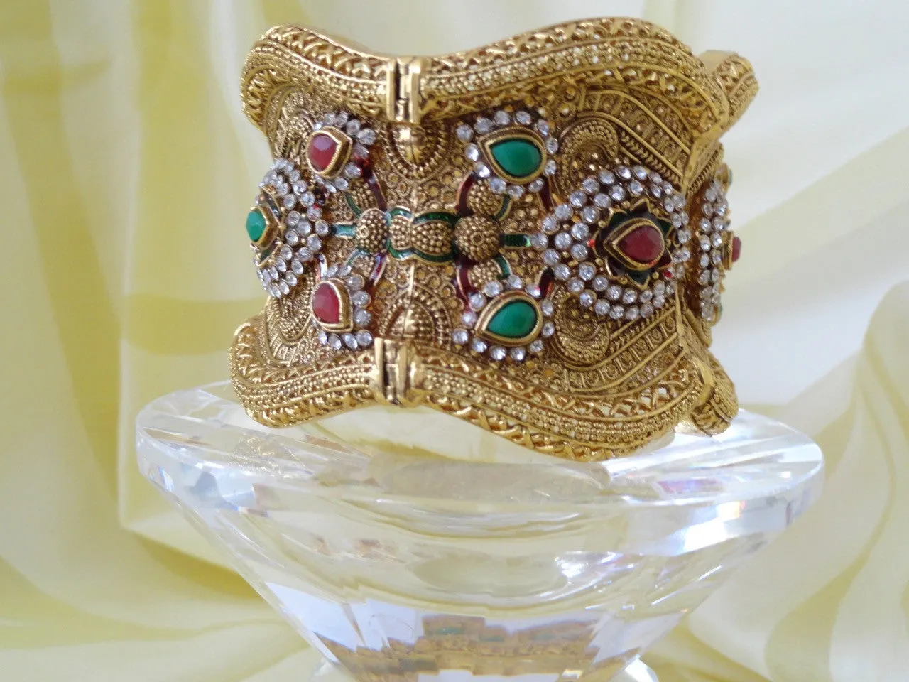 Indian Jewelry: Statement bracelet, bridal, red, green, white stone Jewellery. "Flower Princess"- Gold plated party or wedding broad bracelet bangle.  From Artikrti