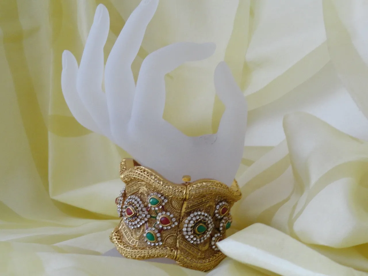 Indian Jewelry: Statement bracelet, bridal, red, green, white stone Jewellery. "Flower Princess"- Gold plated party or wedding broad bracelet bangle.  From Artikrti