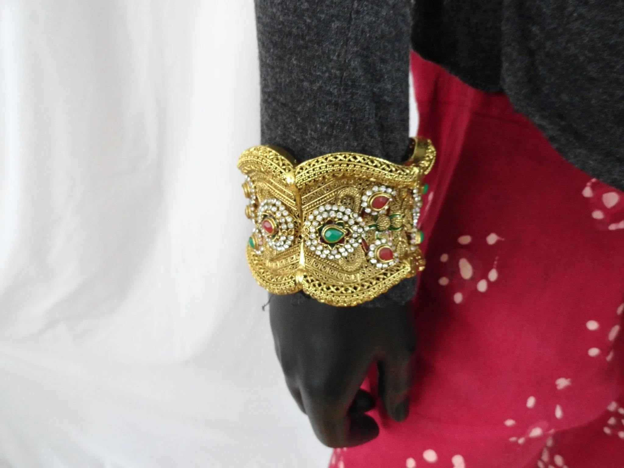 Indian Jewelry: Statement bracelet, bridal, red, green, white stone Jewellery. "Flower Princess"- Gold plated party or wedding broad bracelet bangle.  From Artikrti