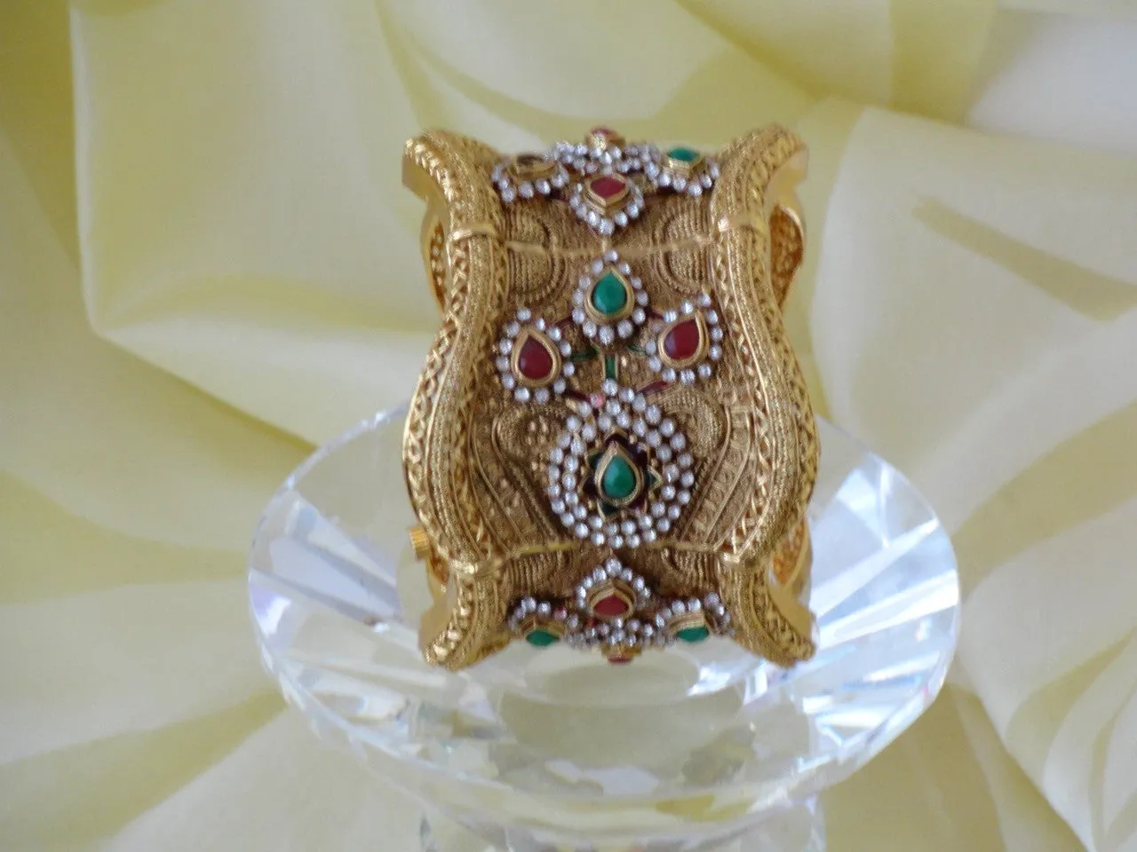 Indian Jewelry: Statement bracelet, bridal, red, green, white stone Jewellery. "Flower Princess"- Gold plated party or wedding broad bracelet bangle.  From Artikrti