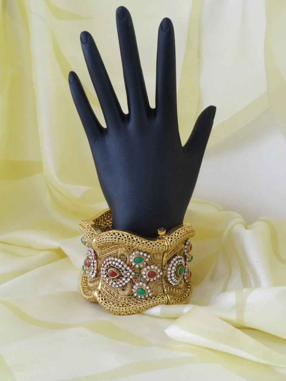 Indian Jewelry: Statement bracelet, bridal, red, green, white stone Jewellery. "Flower Princess"- Gold plated party or wedding broad bracelet bangle.  From Artikrti