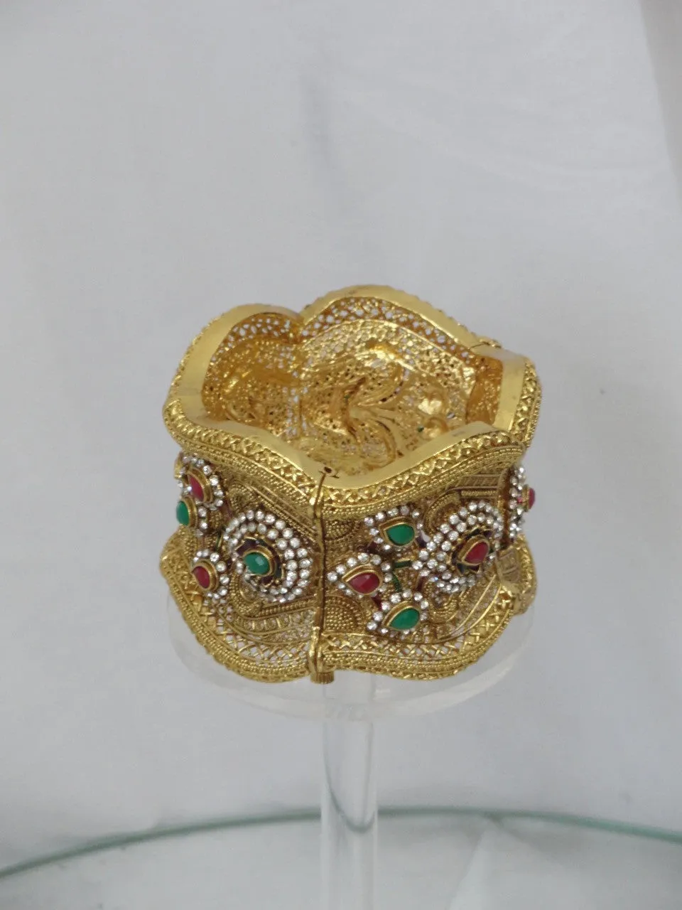 Indian Jewelry: Statement bracelet, bridal, red, green, white stone Jewellery. "Flower Princess"- Gold plated party or wedding broad bracelet bangle.  From Artikrti