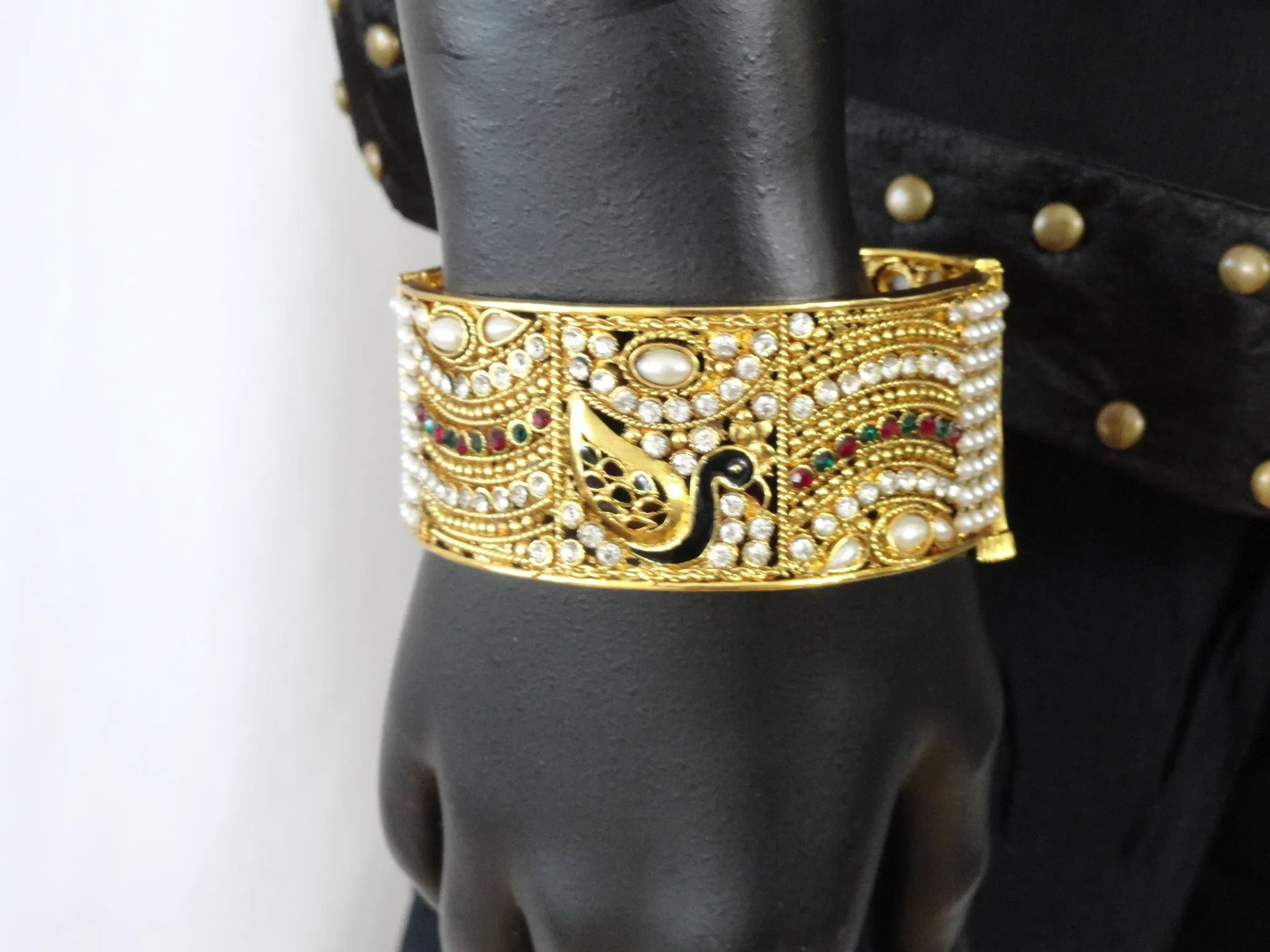Indian Peacock Beaded bracelet. "Naatya or Dance"- Gold finished  party or wedding broad bracelet bangle. Handmade beads and stone bracelet. From Artikrti