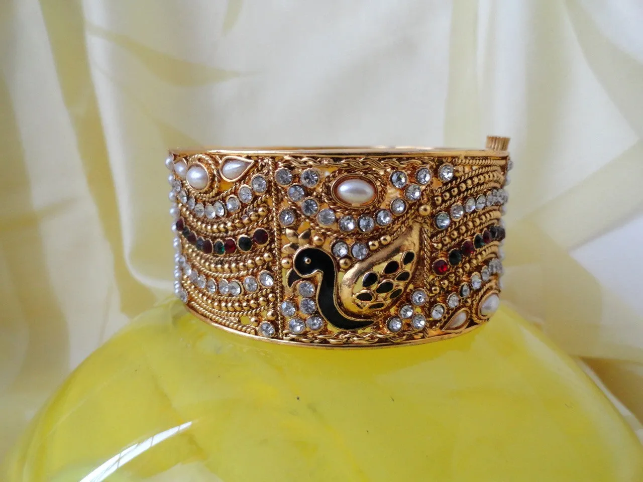 Indian Peacock Beaded bracelet. "Naatya or Dance"- Gold finished  party or wedding broad bracelet bangle. Handmade beads and stone bracelet. From Artikrti