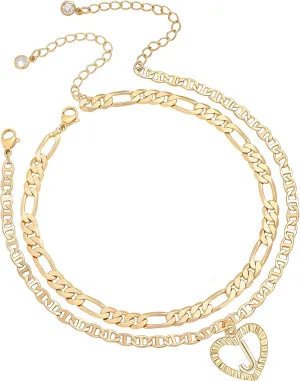 Initial Ankle Bracelets for Women 2pcs 18K Gold Plated Handmade Layered Letter Heart Figaro Chain Flat Mariner Anklets for Women Cute Summer Beach Foot Jewelry