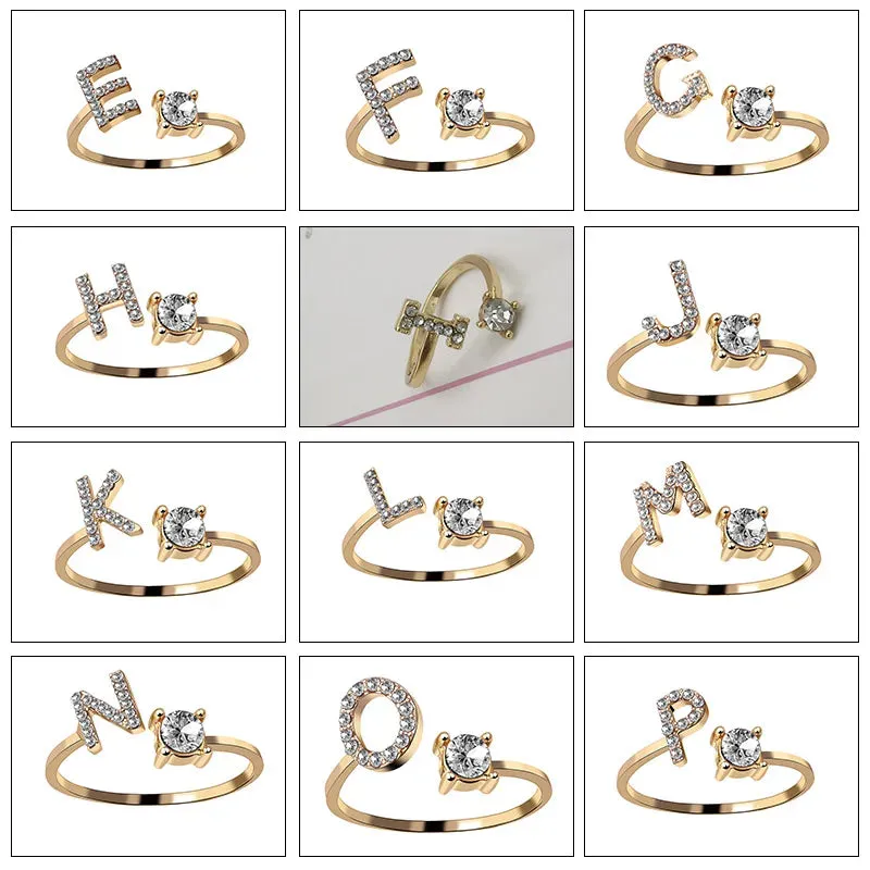 Initial Open Finger Rings A-Z Initials Monogram for Women Creative Adjustable Ring Fashion Wedding Party Jewelry Gift for Her