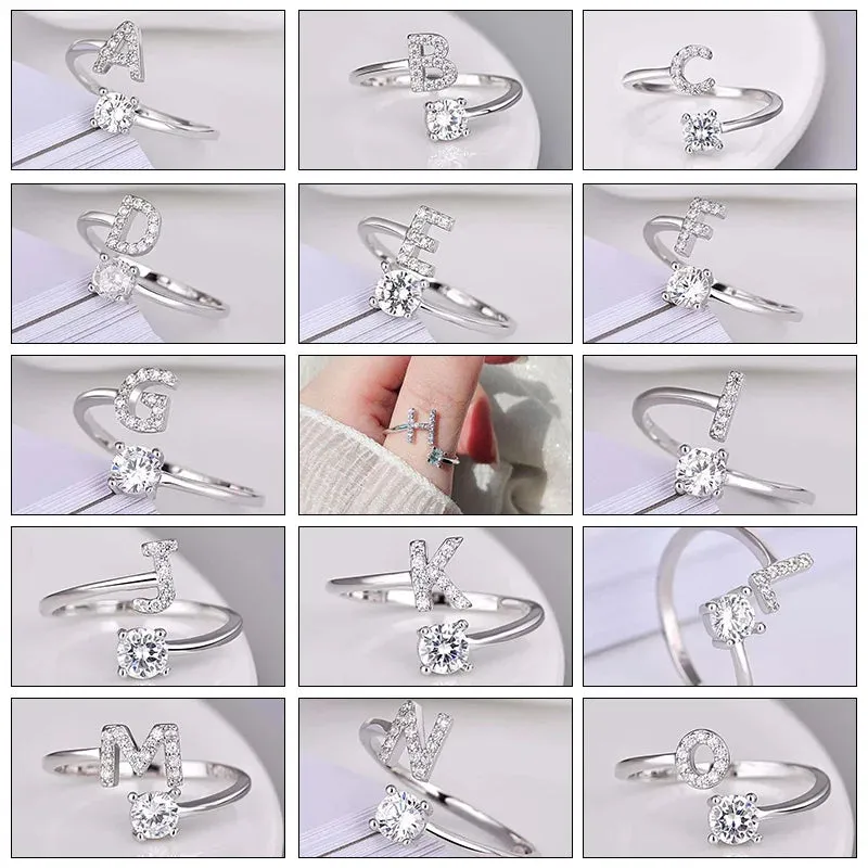 Initial Open Finger Rings A-Z Initials Monogram for Women Creative Adjustable Ring Fashion Wedding Party Jewelry Gift for Her