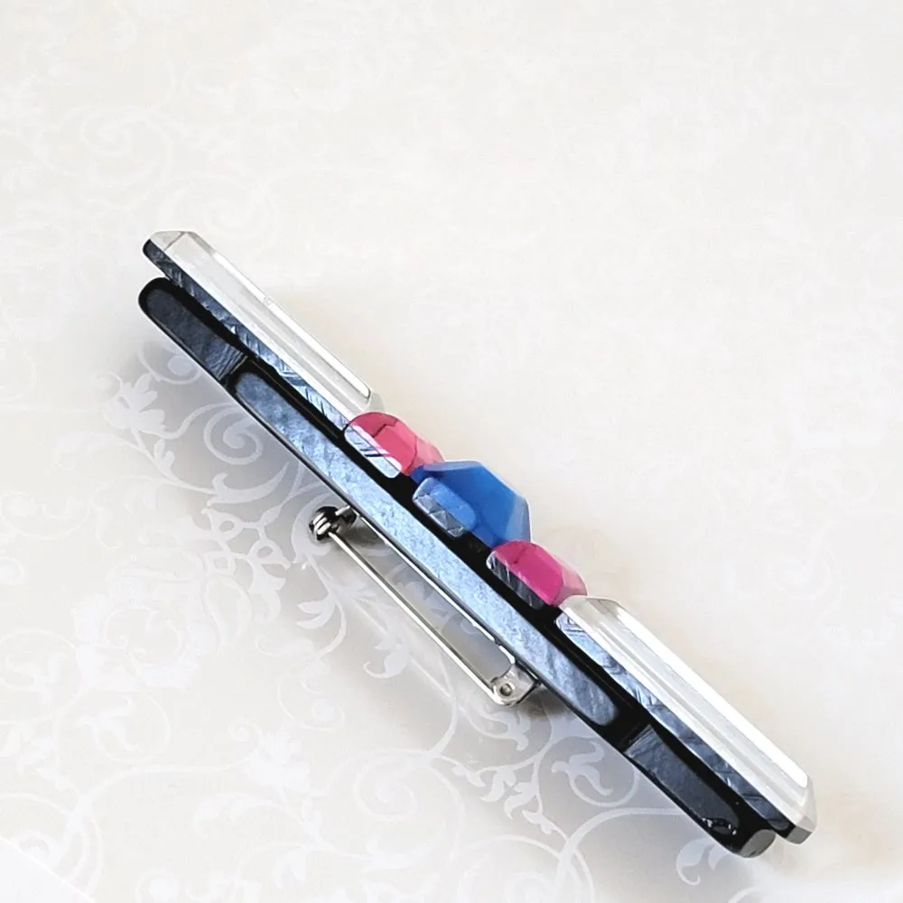 Long Pink and Blue Vintage Plastic Bar Brooch
