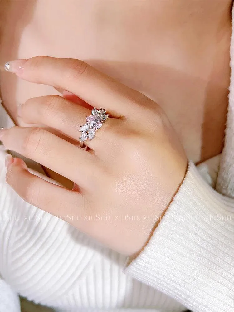 Luxury Pink Diamond Water Drop Design Ring Set with High Quality AAAAA High Carbon Diamonds Fine Jewellery