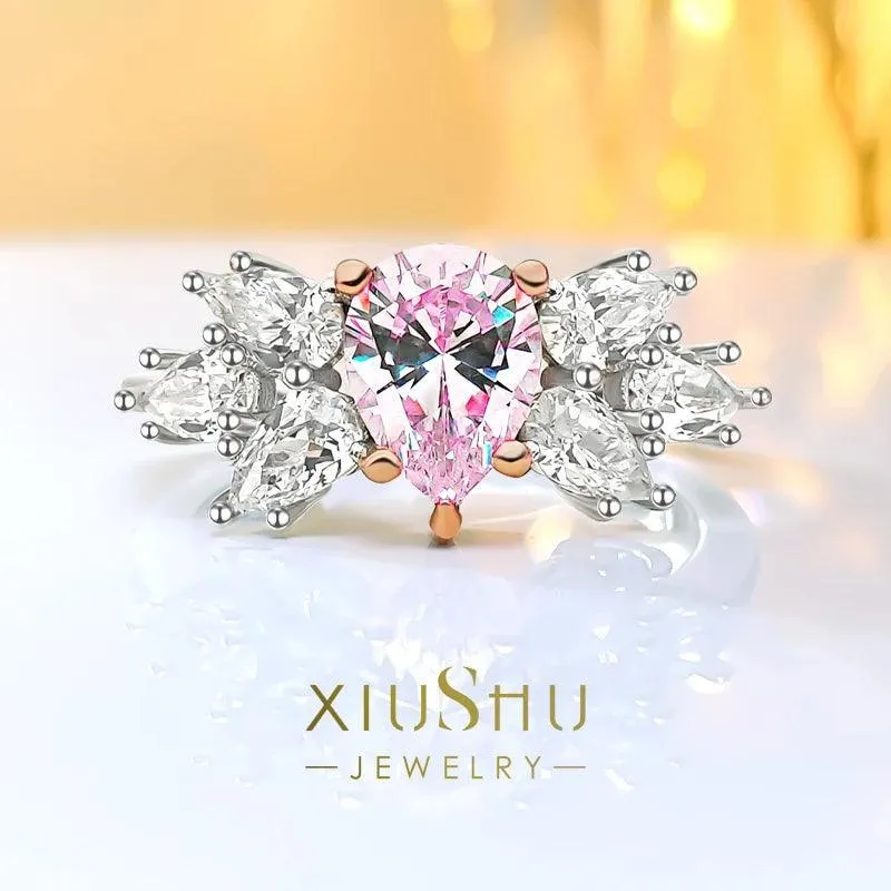 Luxury Pink Diamond Water Drop Design Ring Set with High Quality AAAAA High Carbon Diamonds Fine Jewellery