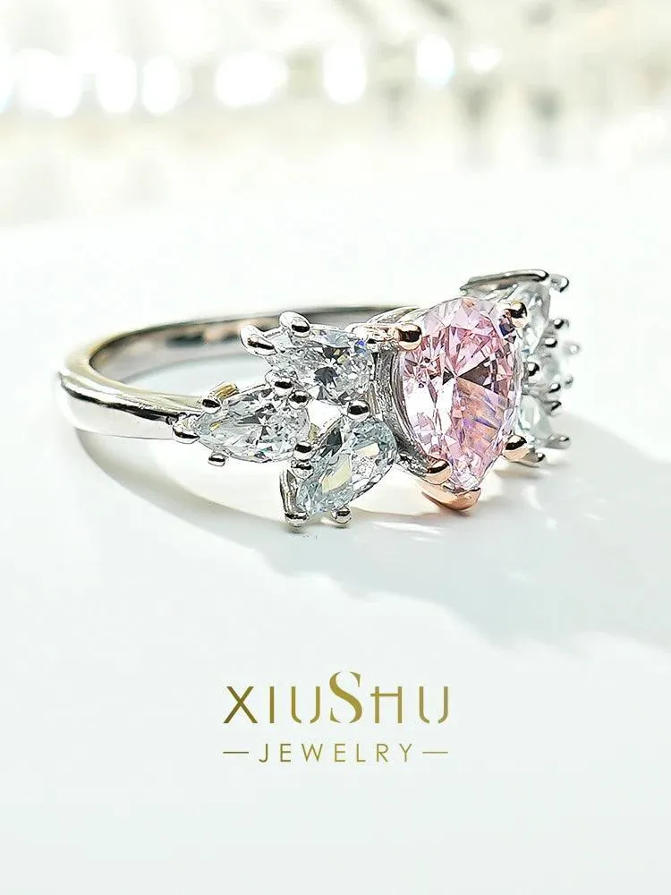 Luxury Pink Diamond Water Drop Design Ring Set with High Quality AAAAA High Carbon Diamonds Fine Jewellery