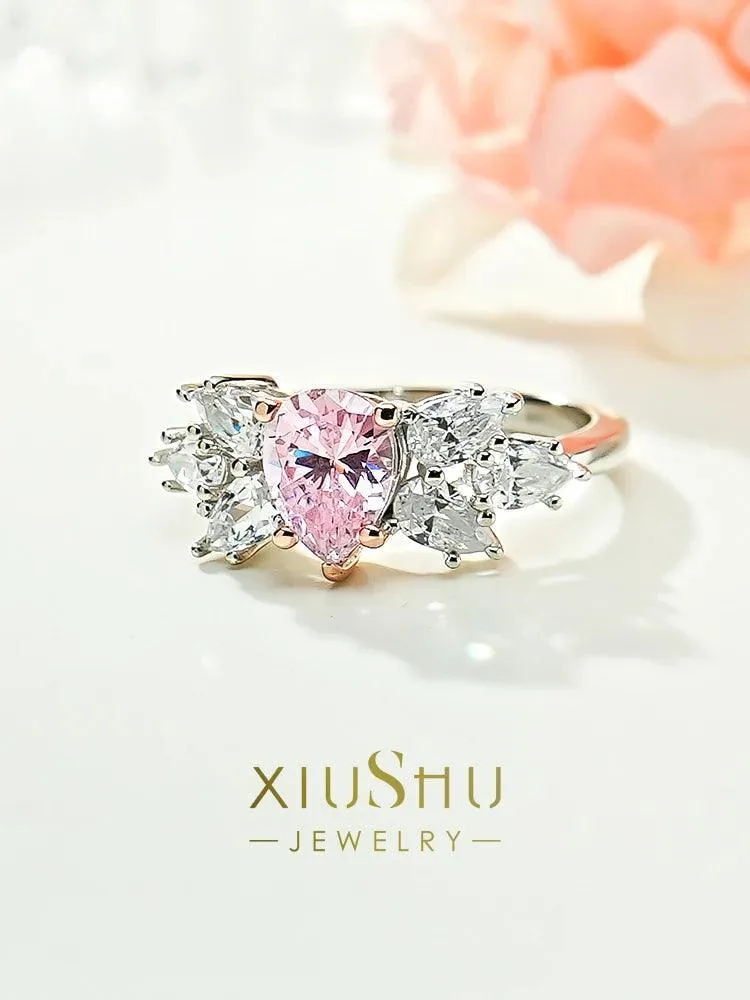 Luxury Pink Diamond Water Drop Design Ring Set with High Quality AAAAA High Carbon Diamonds Fine Jewellery