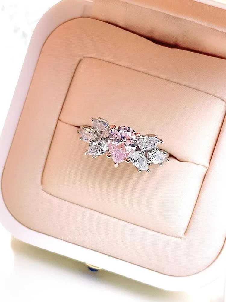 Luxury Pink Diamond Water Drop Design Ring Set with High Quality AAAAA High Carbon Diamonds Fine Jewellery