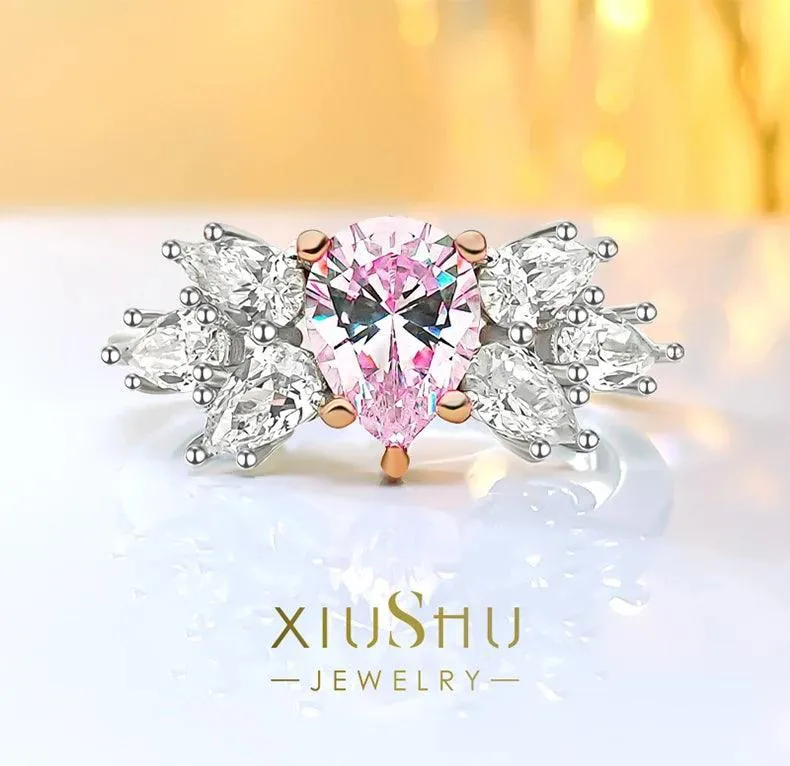 Luxury Pink Diamond Water Drop Design Ring Set with High Quality AAAAA High Carbon Diamonds Fine Jewellery