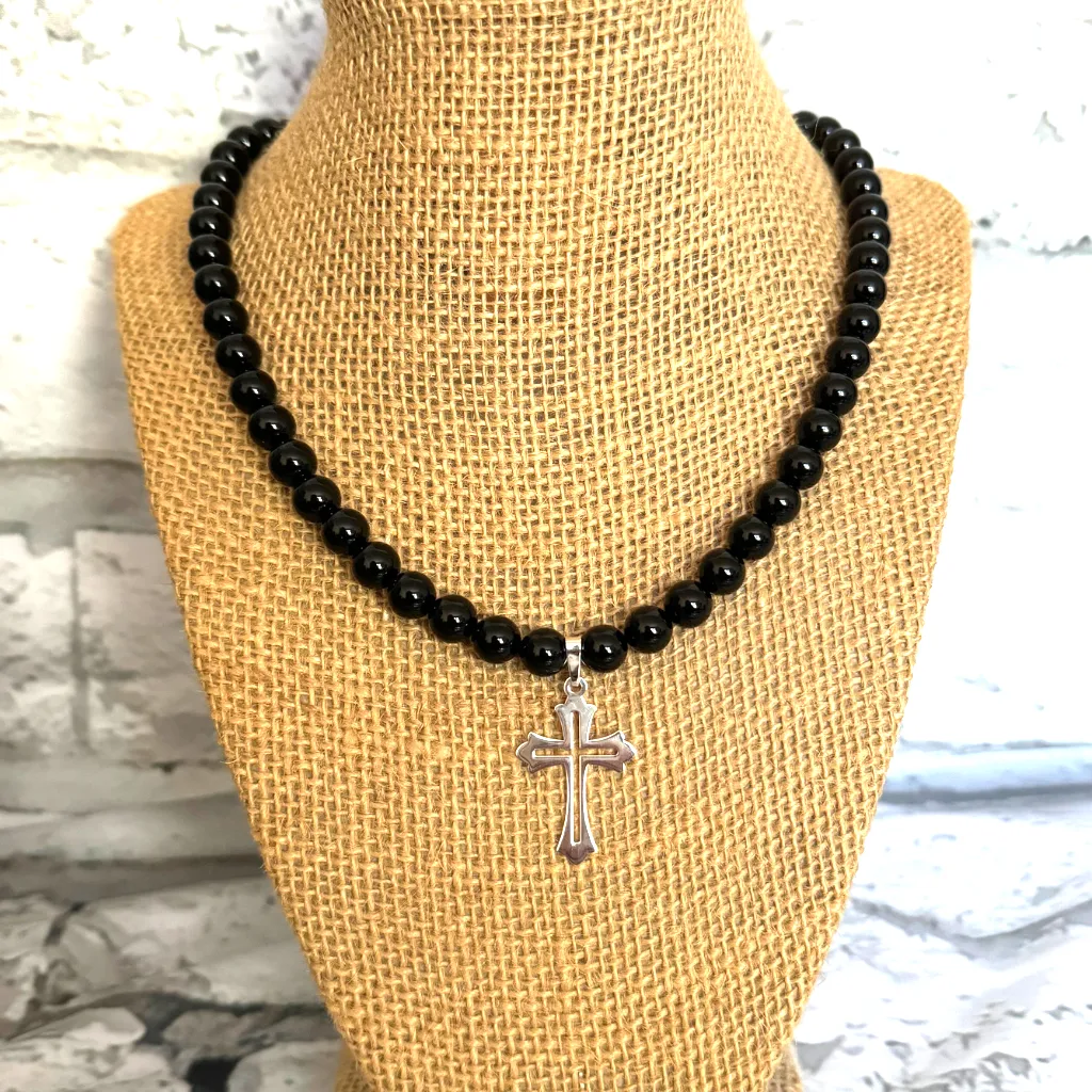 Mens Black Onyx Beaded Necklace with Sterling Silver Cut Out Cross