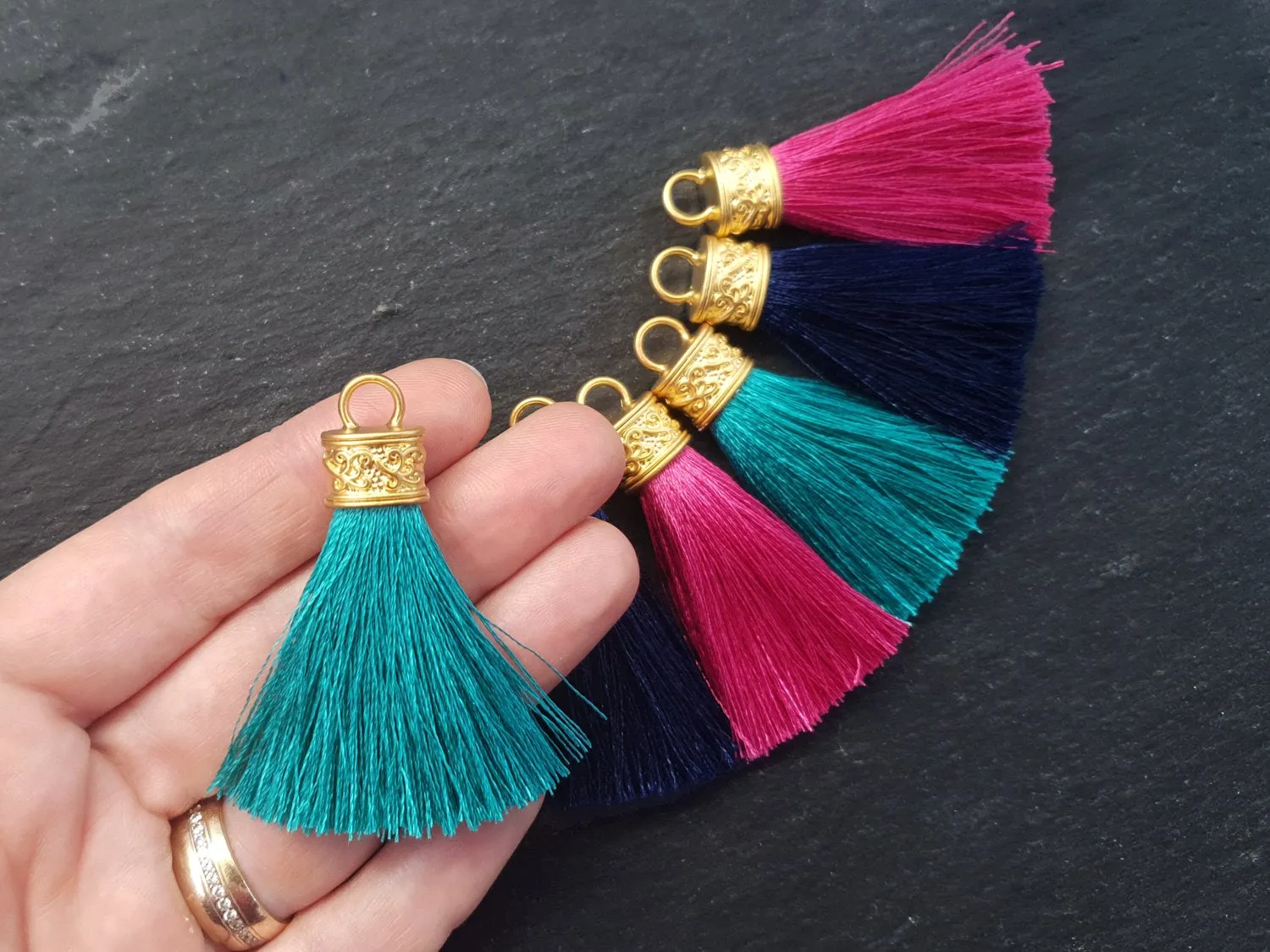 Navy Tassel Pendant, Navy Blue, Silk Thread Tassel, Tassel Charm, Ornate Cap, 22k Matte Gold Cap, Tassel Jewelry, 2.25 inches, 2pc