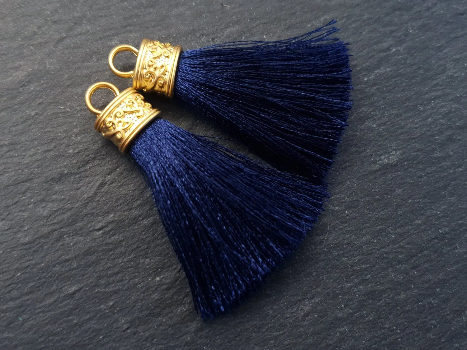 Navy Tassel Pendant, Navy Blue, Silk Thread Tassel, Tassel Charm, Ornate Cap, 22k Matte Gold Cap, Tassel Jewelry, 2.25 inches, 2pc