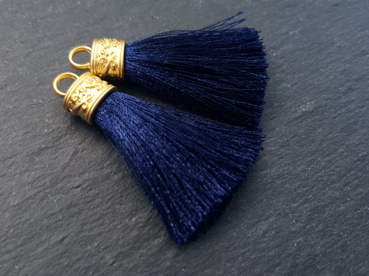 Navy Tassel Pendant, Navy Blue, Silk Thread Tassel, Tassel Charm, Ornate Cap, 22k Matte Gold Cap, Tassel Jewelry, 2.25 inches, 2pc