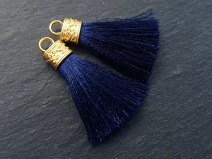 Navy Tassel Pendant, Navy Blue, Silk Thread Tassel, Tassel Charm, Ornate Cap, 22k Matte Gold Cap, Tassel Jewelry, 2.25 inches, 2pc