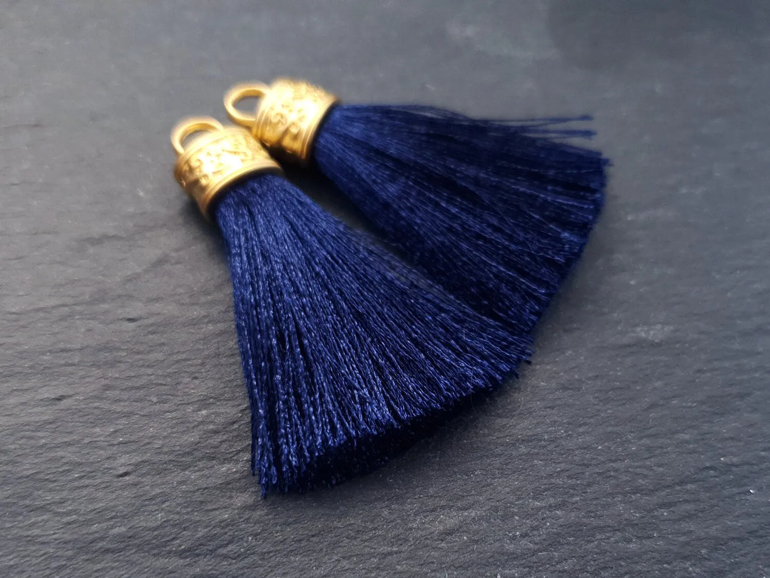 Navy Tassel Pendant, Navy Blue, Silk Thread Tassel, Tassel Charm, Ornate Cap, 22k Matte Gold Cap, Tassel Jewelry, 2.25 inches, 2pc